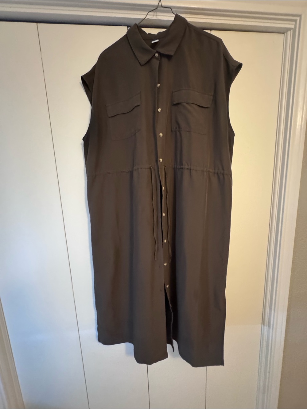 Sleeveless Shirt Dress with Drawstring Waist - Olive